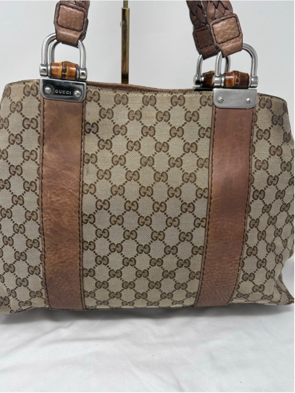 Gucci GG Canvas Bamboo Bar Tote Beige Monogram Shoulder Bag Leather - Picture 2 of 16